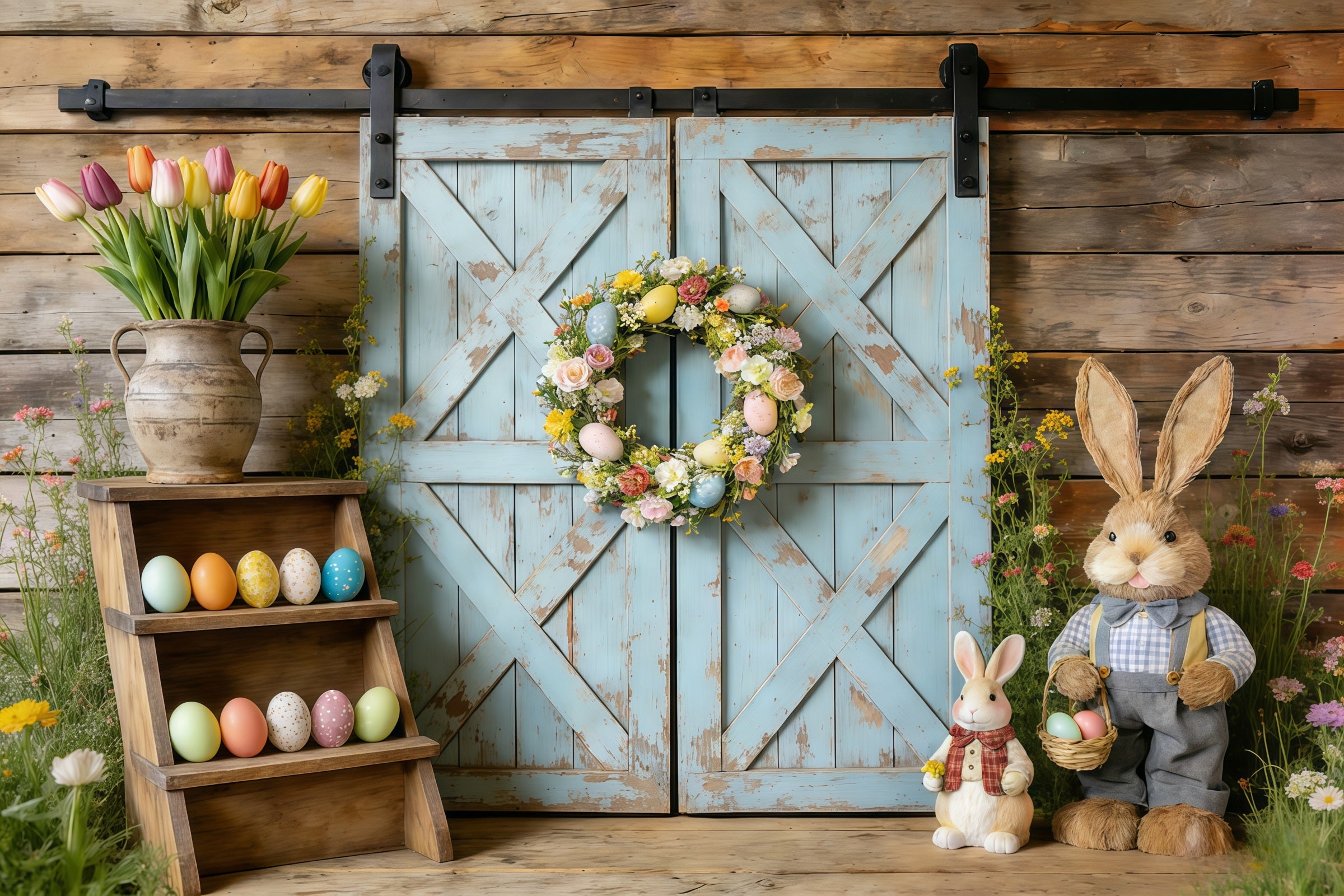 Easter Spring Floral Wreath Backdrop Rustic Blue Barn Door Wreath Easter Picture Backdrop Ideas CSH61-61