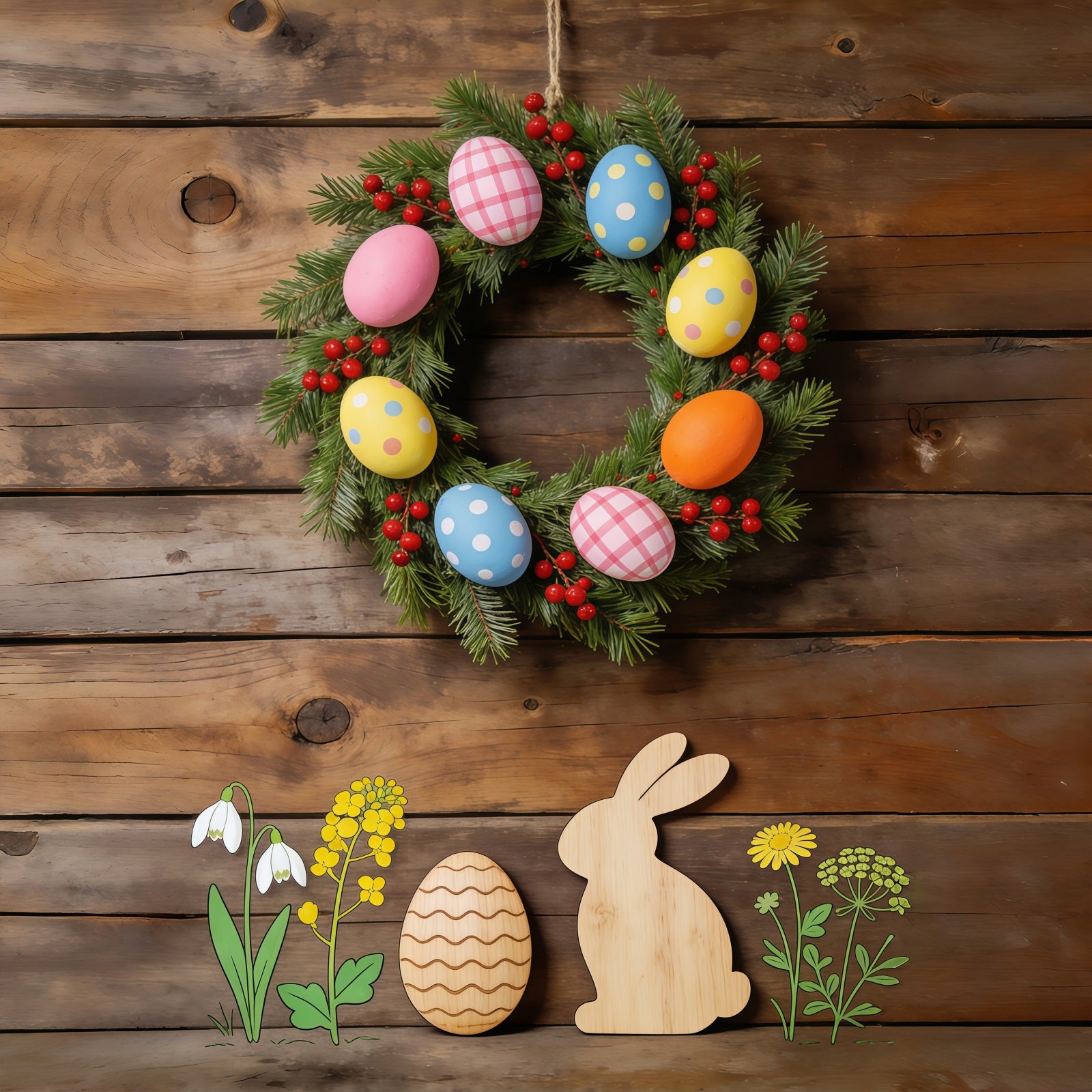Easter Spring Floral Wreath Backdrop Wooden Bunny Floral Cutouts Easter Picture Backdrop Ideas CSH61-62