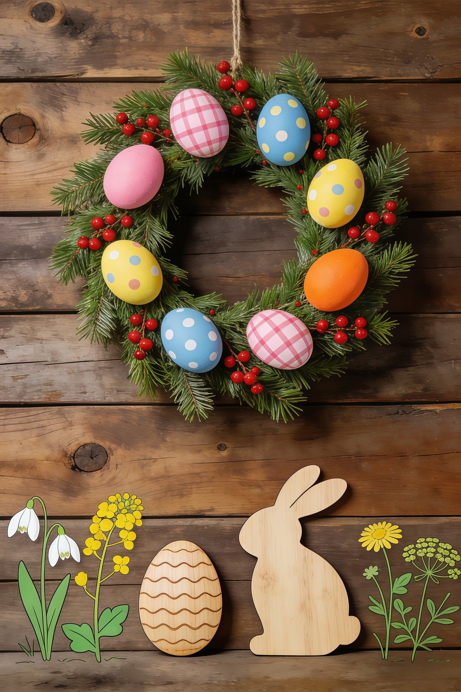 Easter Spring Floral Wreath Backdrop Wooden Bunny Floral Cutouts Easter Picture Backdrop Ideas CSH61-62
