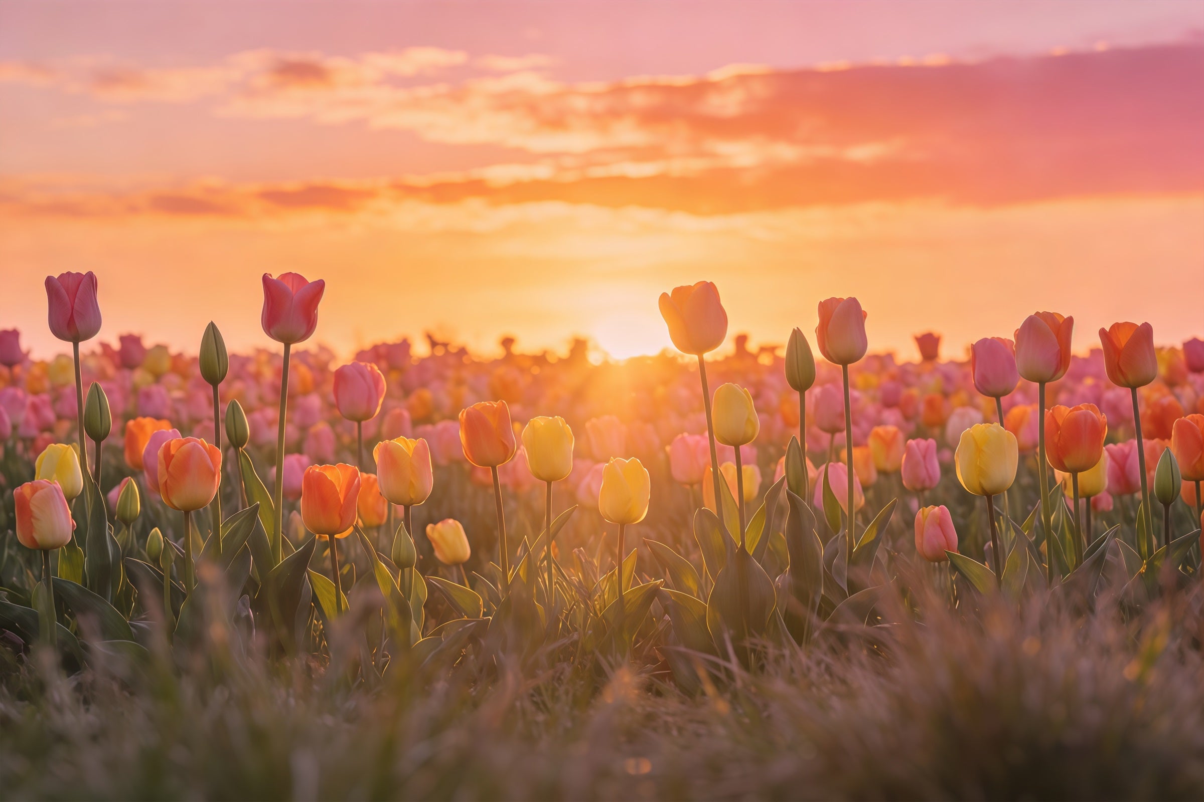 Easter Tulip Backdrop Sunset Field Floral Meadow Easter Photography Backdrops For Sale CSH61-64