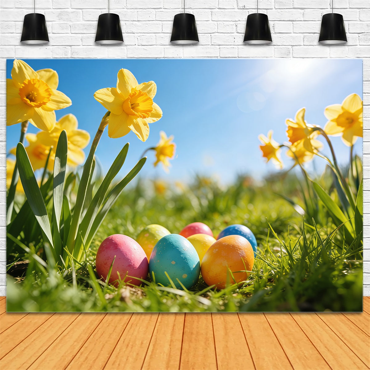 Easter Daffodil Backdrop Sunlight Meadow Painted Eggs Easter Backdrop For Photography CSH61-67