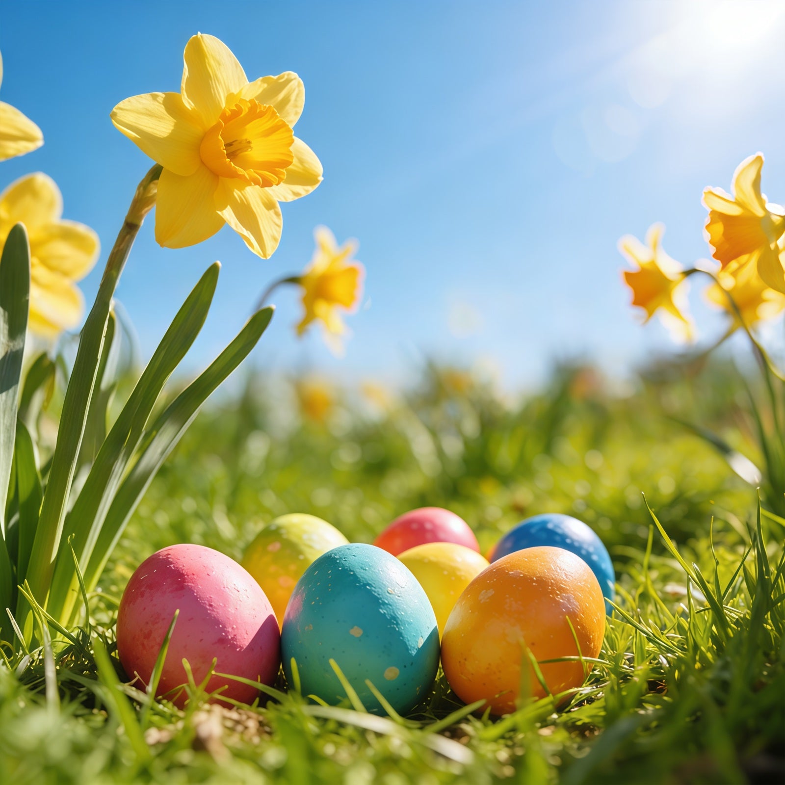 Easter Daffodil Backdrop Sunlight Meadow Painted Eggs Easter Backdrop For Photography CSH61-67