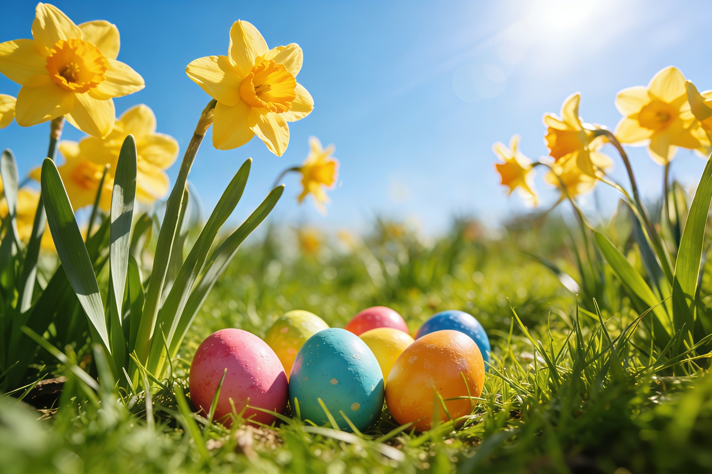 Easter Daffodil Backdrop Sunlight Meadow Painted Eggs Easter Backdrop For Photography CSH61-67