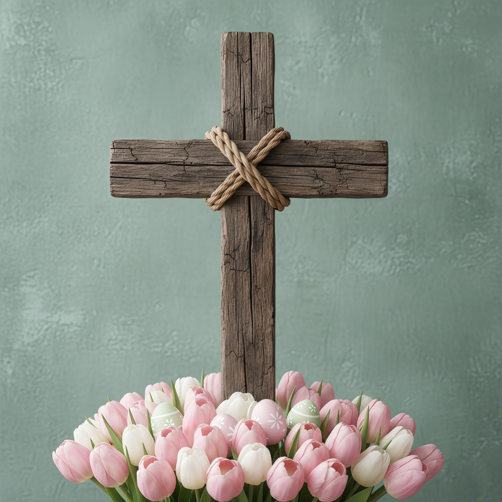 Easter Church Photo Backdrop Rustic Wooden Cross Tulip Bloom Easter Backdrop Ideas CSH61-7