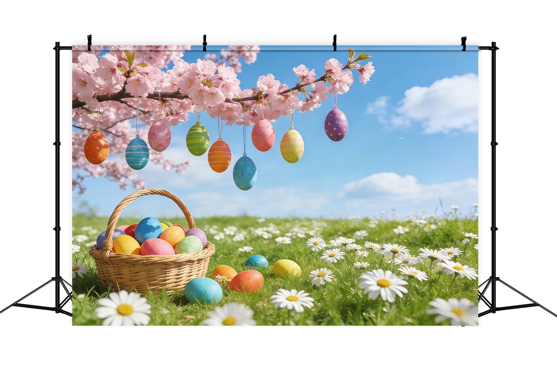 Easter Cherry Blossom Backdrop Hanging Egg Meadow Blossom Backdrops For Easter Pictures CSH61-70