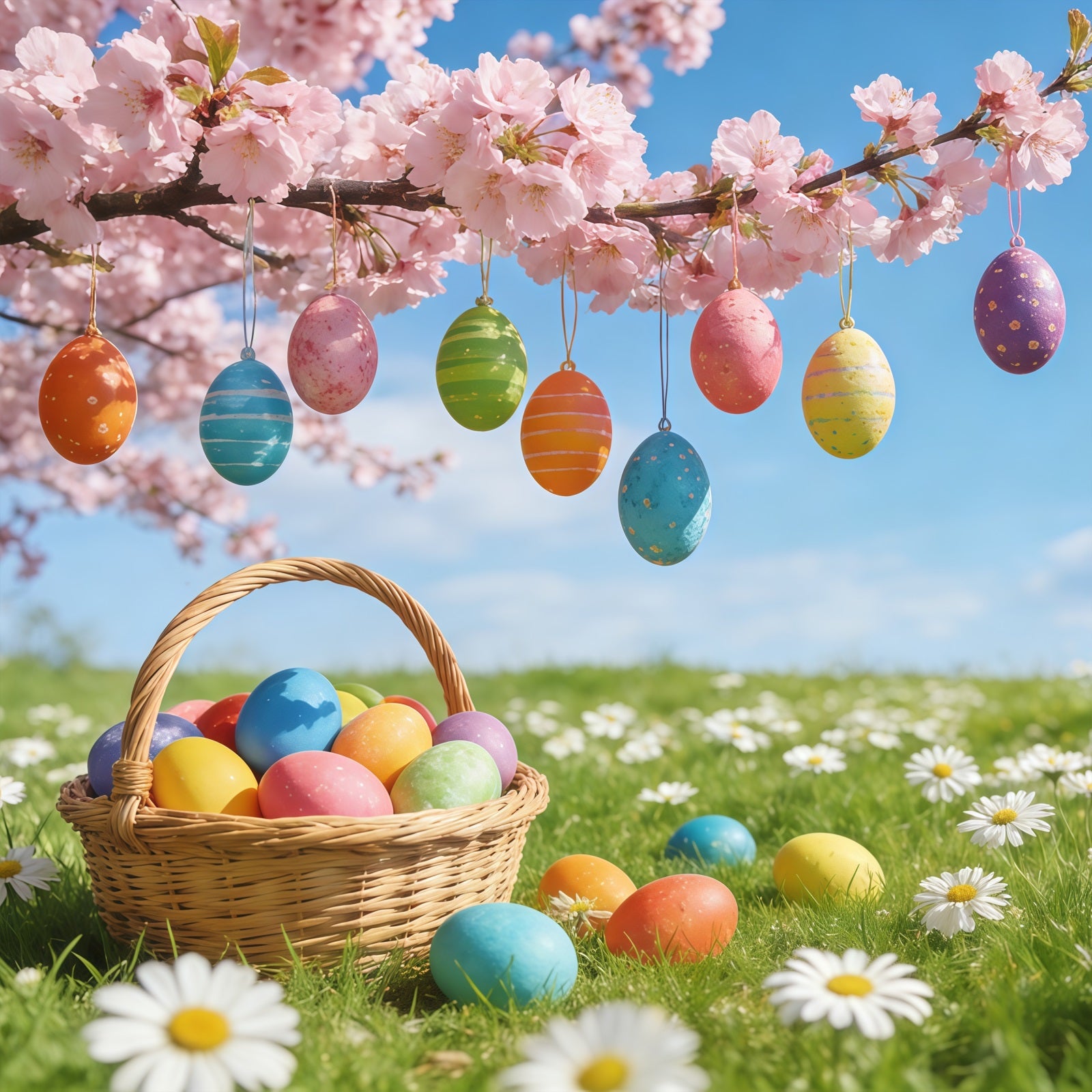Easter Cherry Blossom Backdrop Hanging Egg Meadow Blossom Backdrops For Easter Pictures CSH61-70