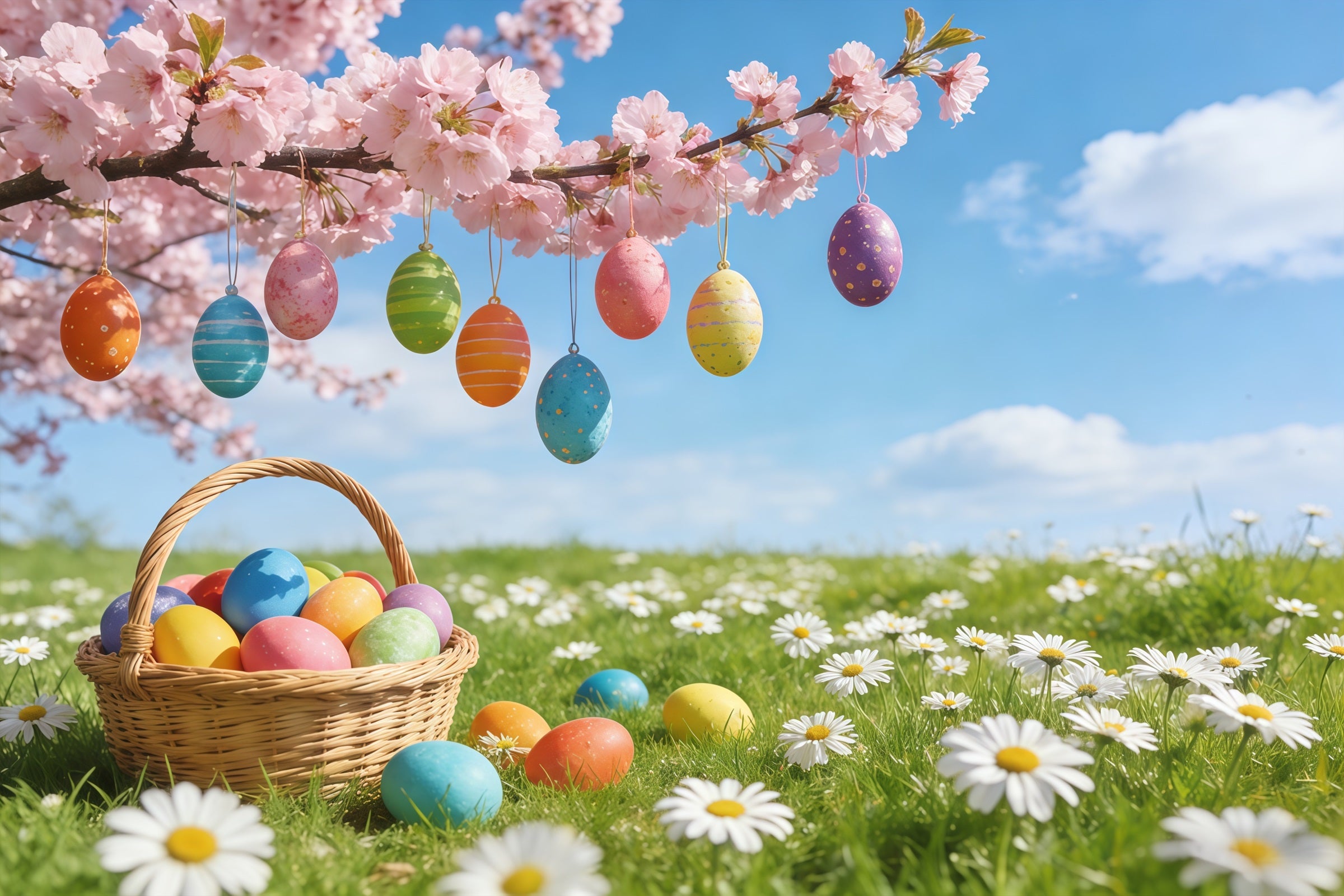 Easter Cherry Blossom Backdrop Hanging Egg Meadow Blossom Backdrops For Easter Pictures CSH61-70