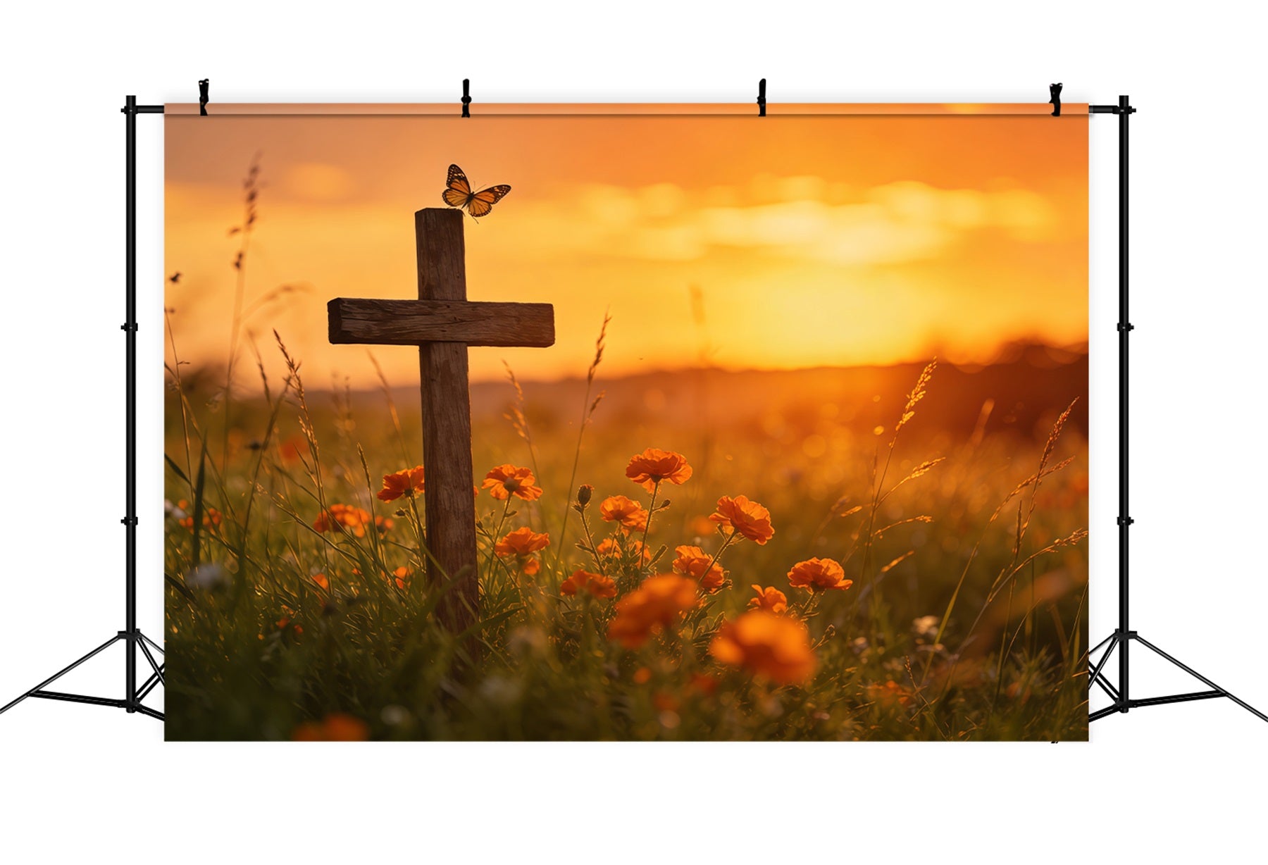 Easter Butterfly Backdrop Sunset Cross Wildflower Field Backdrop For Easter Pictures CSH61-71
