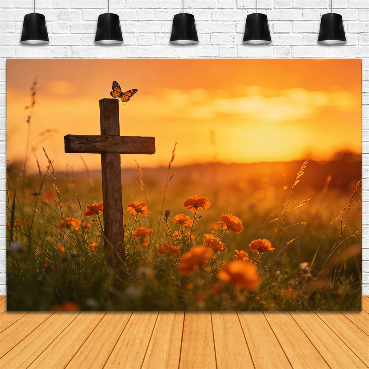 Easter Butterfly Backdrop Sunset Cross Wildflower Field Backdrop For Easter Pictures CSH61-71