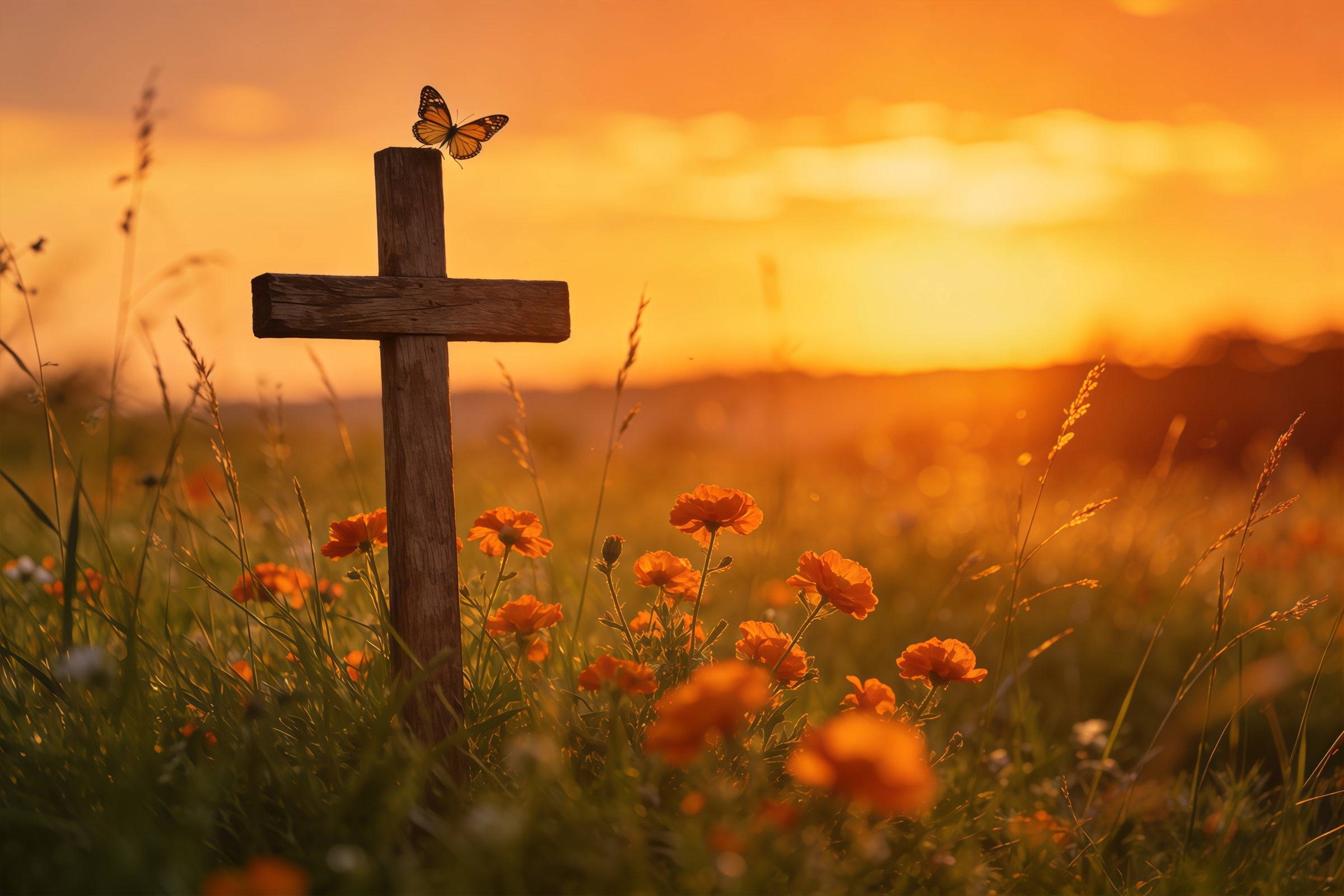 Easter Butterfly Backdrop Sunset Cross Wildflower Field Backdrop For Easter Pictures CSH61-71