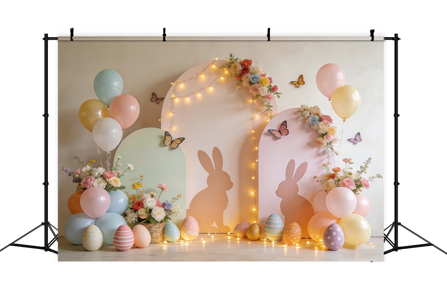 Easter Butterfly Backdrop Pastel Bunny Arch Balloon Garden Backdrop For Easter Pictures CSH61-72