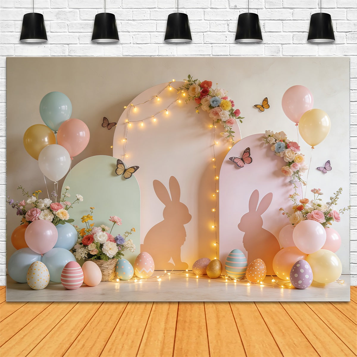 Easter Butterfly Backdrop Pastel Bunny Arch Balloon Garden Backdrop For Easter Pictures CSH61-72