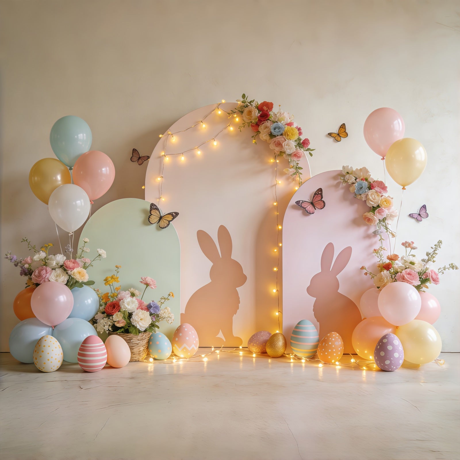 Easter Butterfly Backdrop Pastel Bunny Arch Balloon Garden Backdrop For Easter Pictures CSH61-72