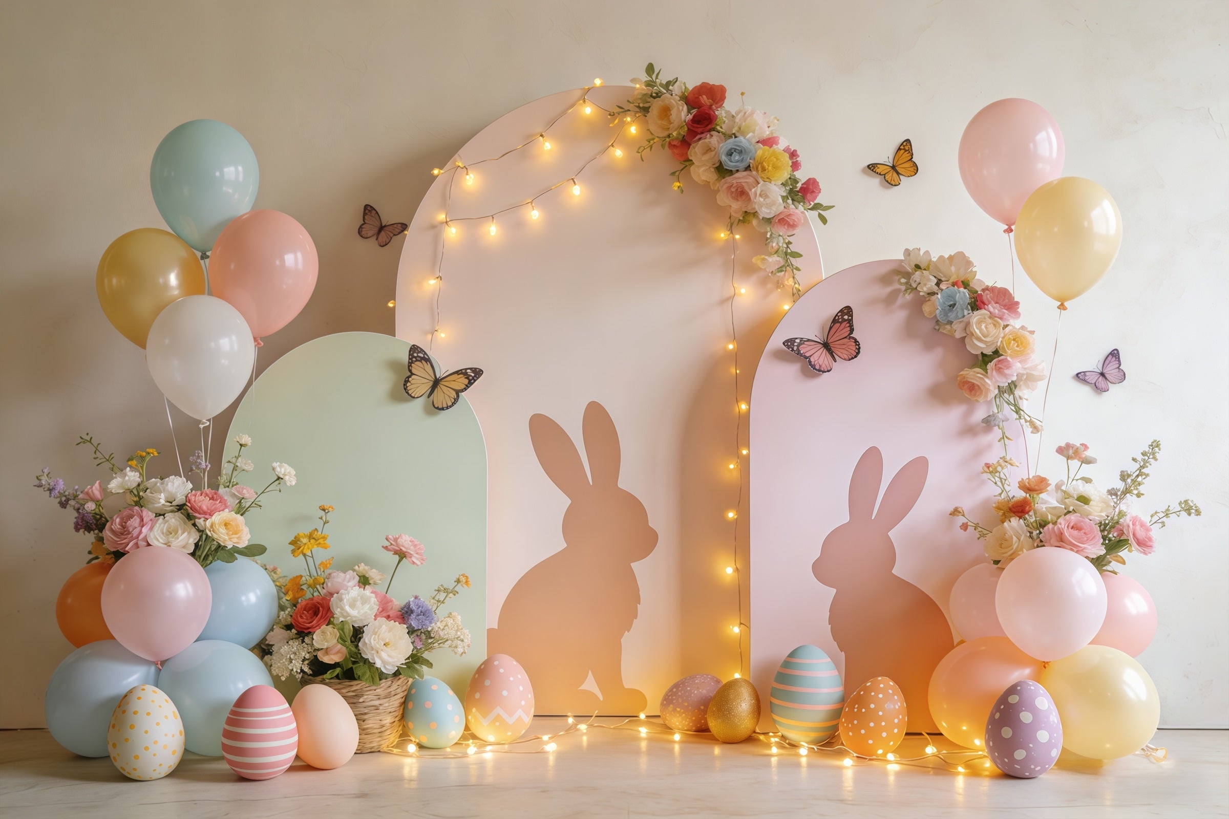 Easter Butterfly Backdrop Pastel Bunny Arch Balloon Garden Backdrop For Easter Pictures CSH61-72