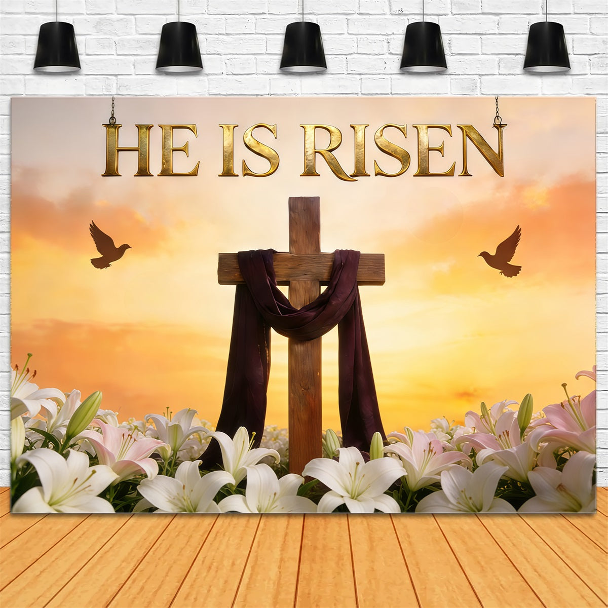 Easter Lily Backdrop Risen Cross Sunrise Sky Outdoor Easter Backdrop CSH61-74