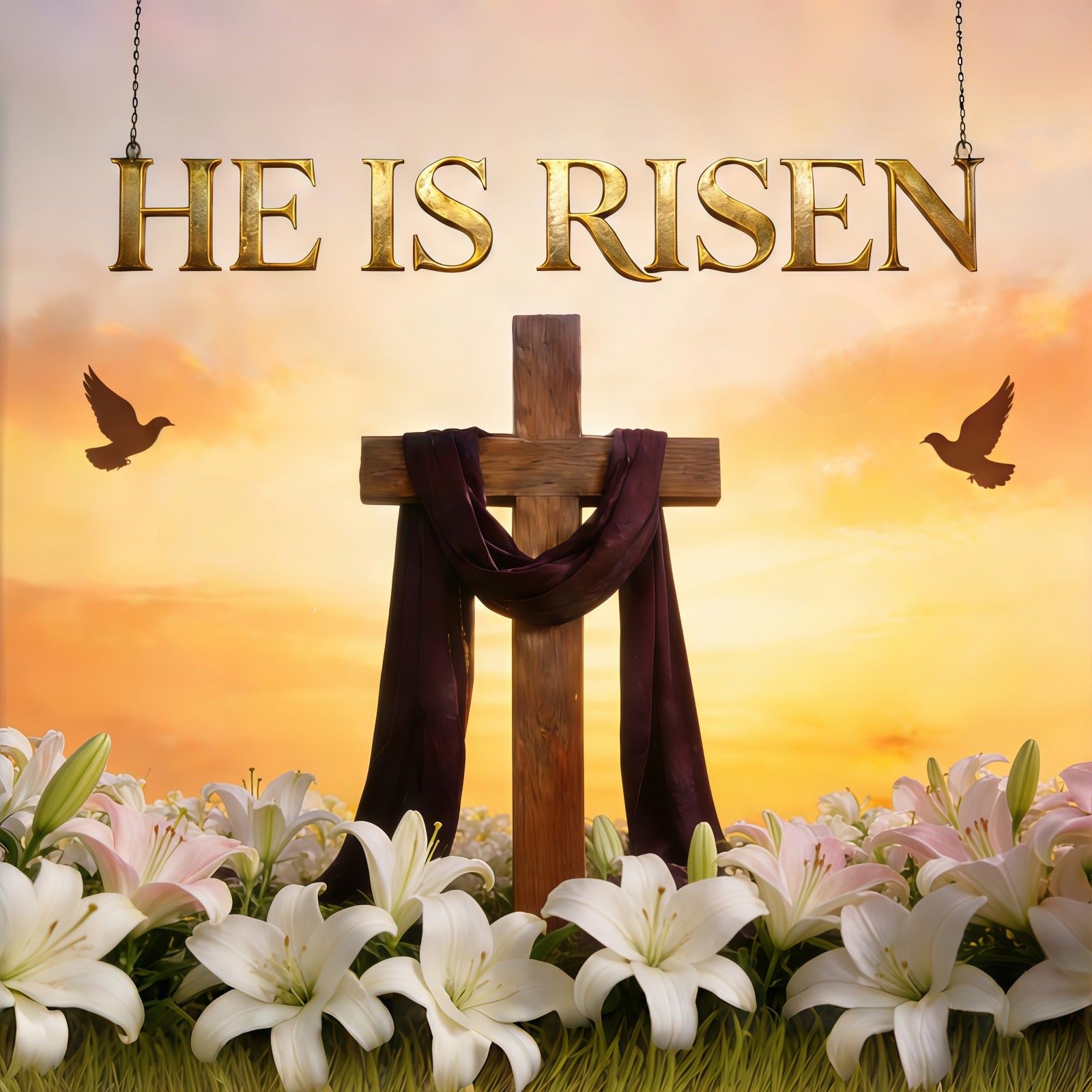 Easter Lily Backdrop Risen Cross Sunrise Sky Outdoor Easter Backdrop CSH61-74