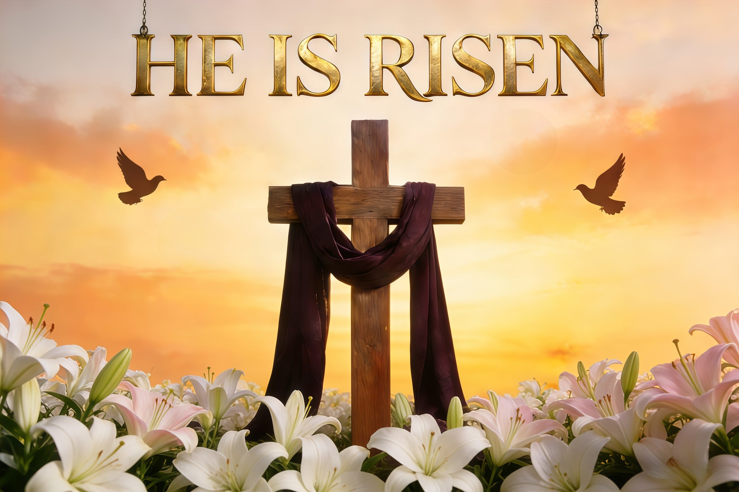 Easter Lily Backdrop Risen Cross Sunrise Sky Outdoor Easter Backdrop CSH61-74
