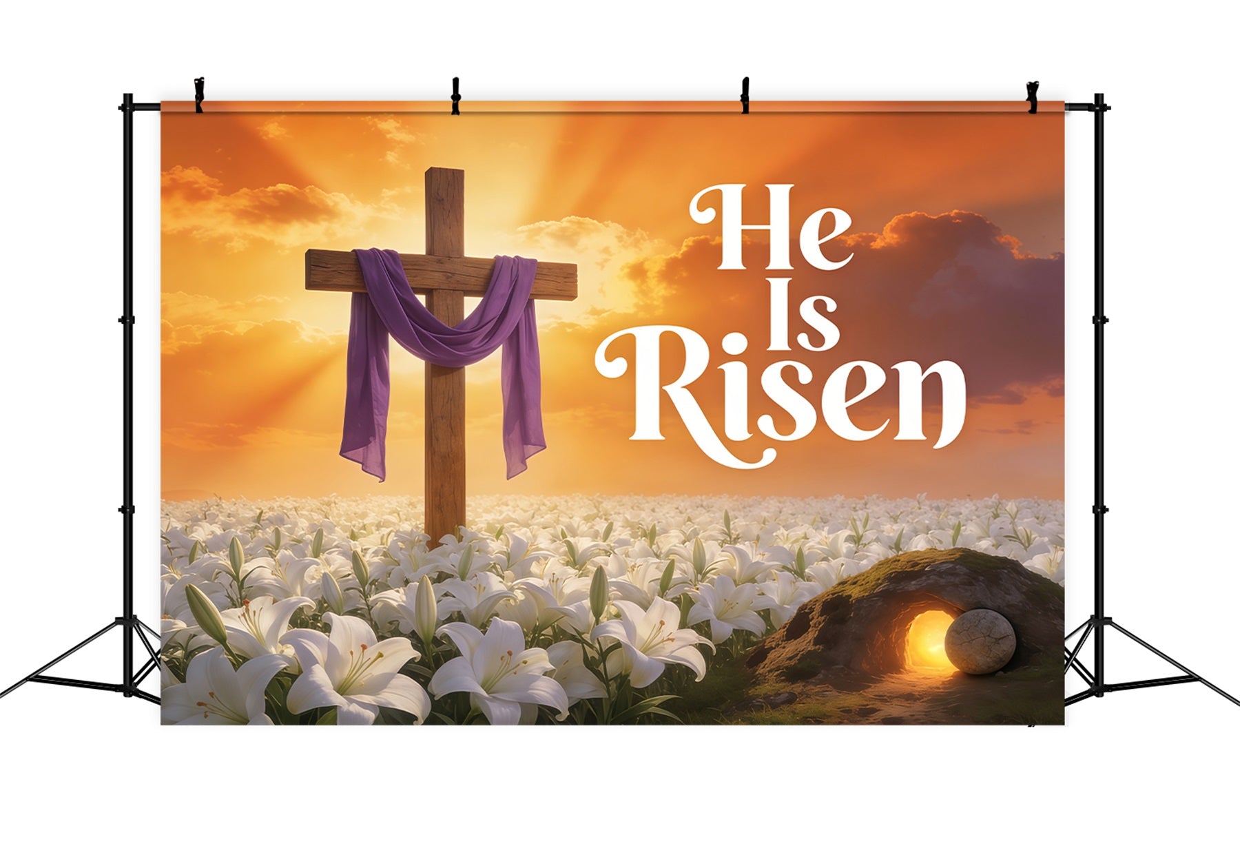 Easter He Is Risen Backdrop Cross Lilies Sunrise Photography Easter Backdrop CSH61-79