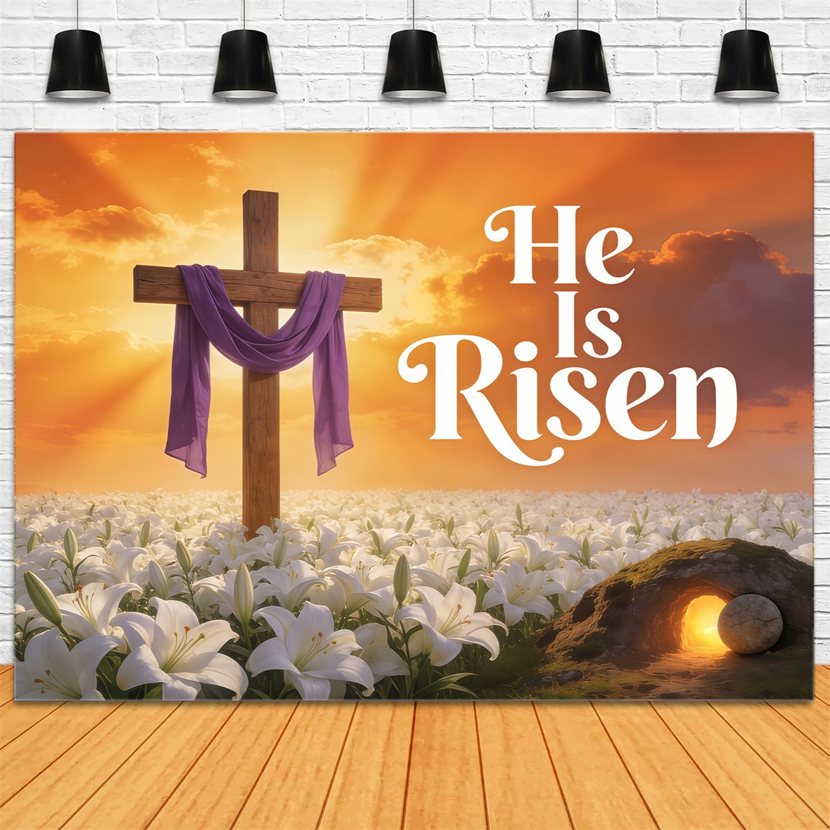 Easter He Is Risen Backdrop Cross Lilies Sunrise Photography Easter Backdrop CSH61-79