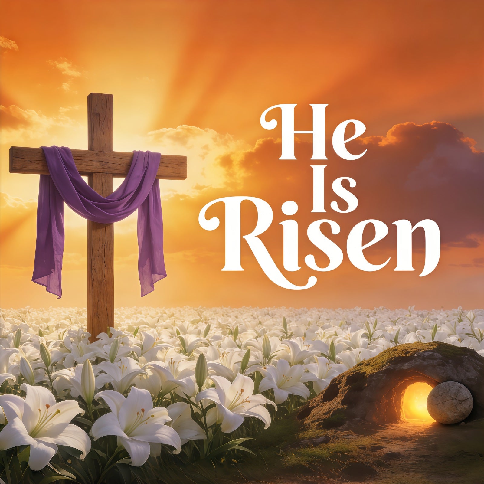 Easter He Is Risen Backdrop Cross Lilies Sunrise Photography Easter Backdrop CSH61-79