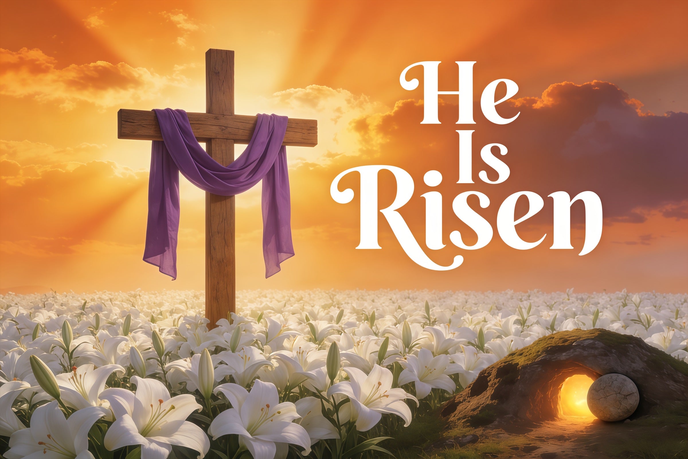 Easter He Is Risen Backdrop Cross Lilies Sunrise Photography Easter Backdrop CSH61-79
