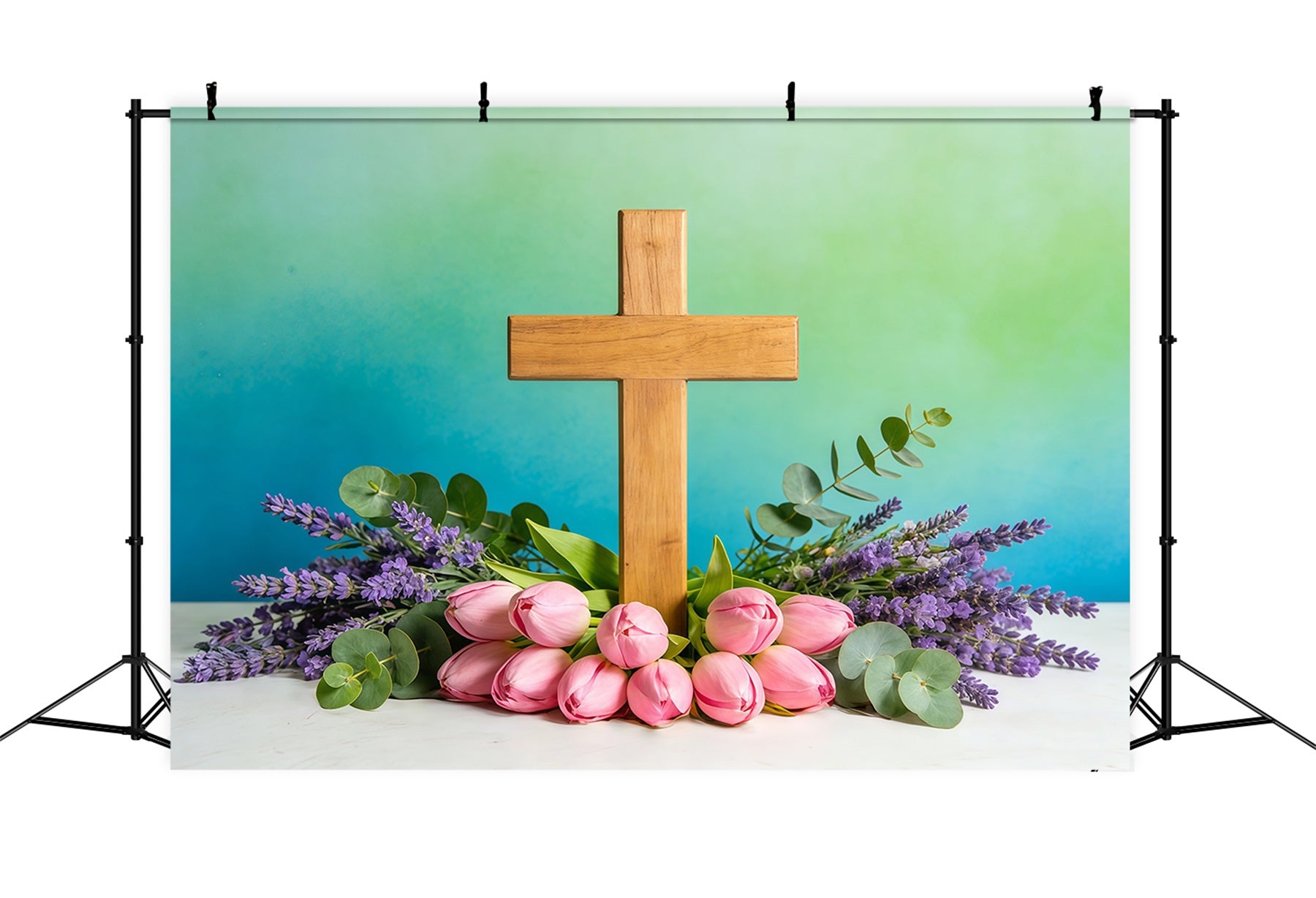 Easter Church Photo Backdrop Spring Flowers Cross Teal Wall Easter Backdrop Ideas CSH61-8