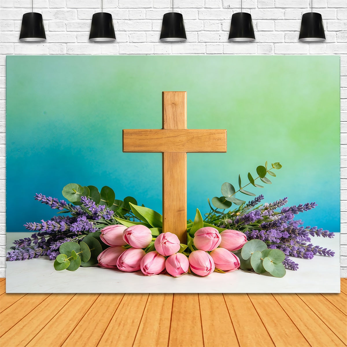 Easter Church Photo Backdrop Spring Flowers Cross Teal Wall Easter Backdrop Ideas CSH61-8