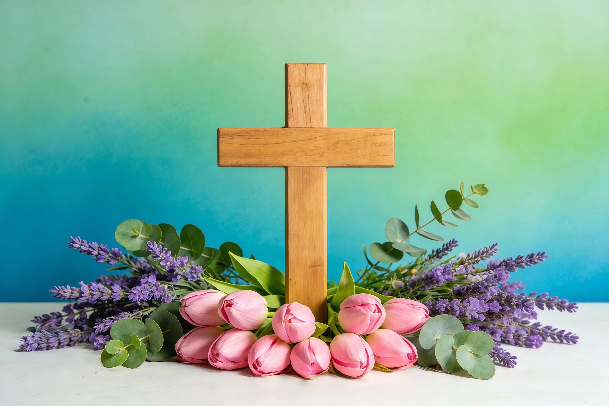 Easter Church Photo Backdrop Spring Flowers Cross Teal Wall Easter Backdrop Ideas CSH61-8