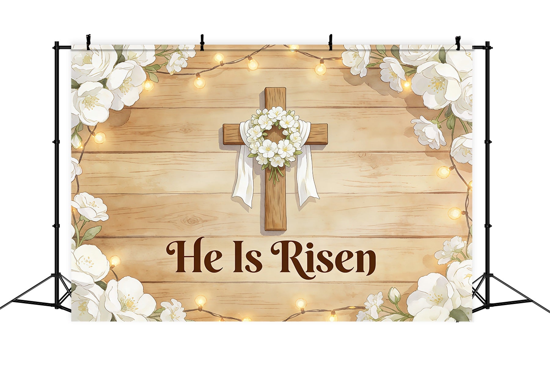 Easter He Is Risen Backdrop Cross Wreath White Flowers Photography Easter Backdrop CSH61-80