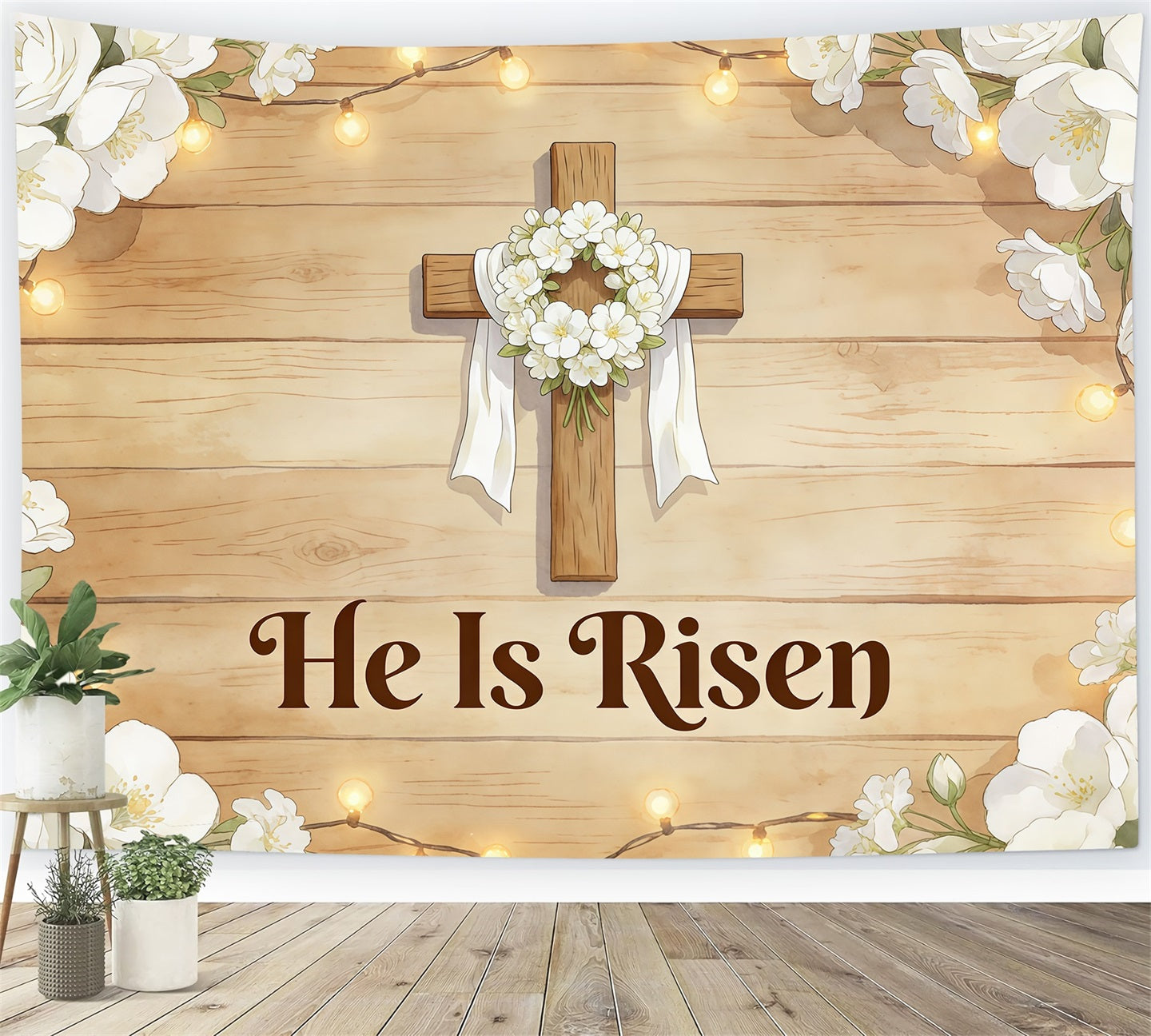 Easter He Is Risen Backdrop Cross Wreath White Flowers Photography Easter Backdrop CSH61-80