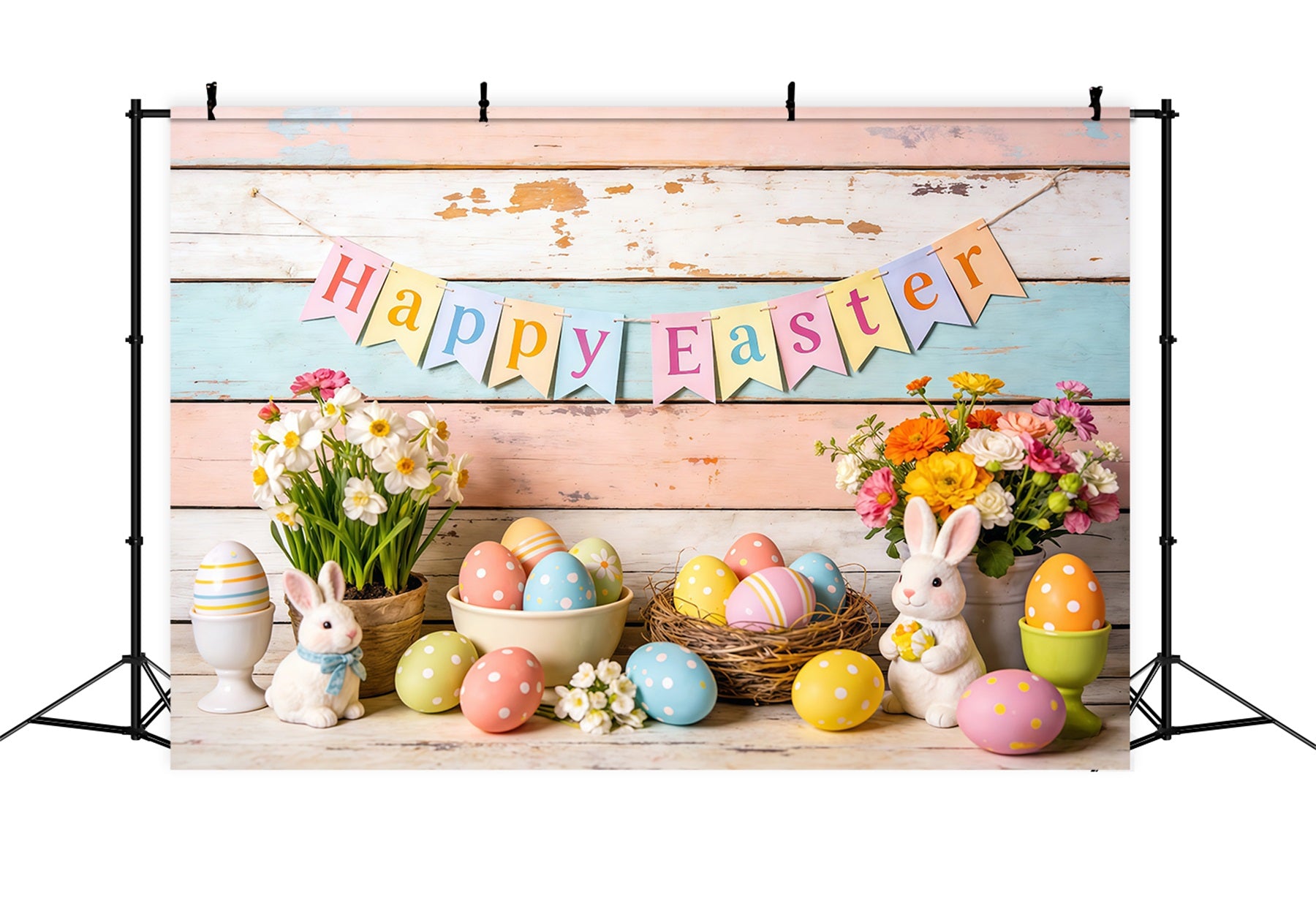 Happy Easter Backdrop Bunnies Eggs Flowers Banner Easter Themed Backdrop CSH61-81