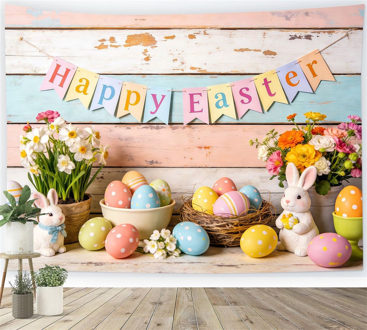 Happy Easter Backdrop Bunnies Eggs Flowers Banner Easter Themed Backdrop CSH61-81