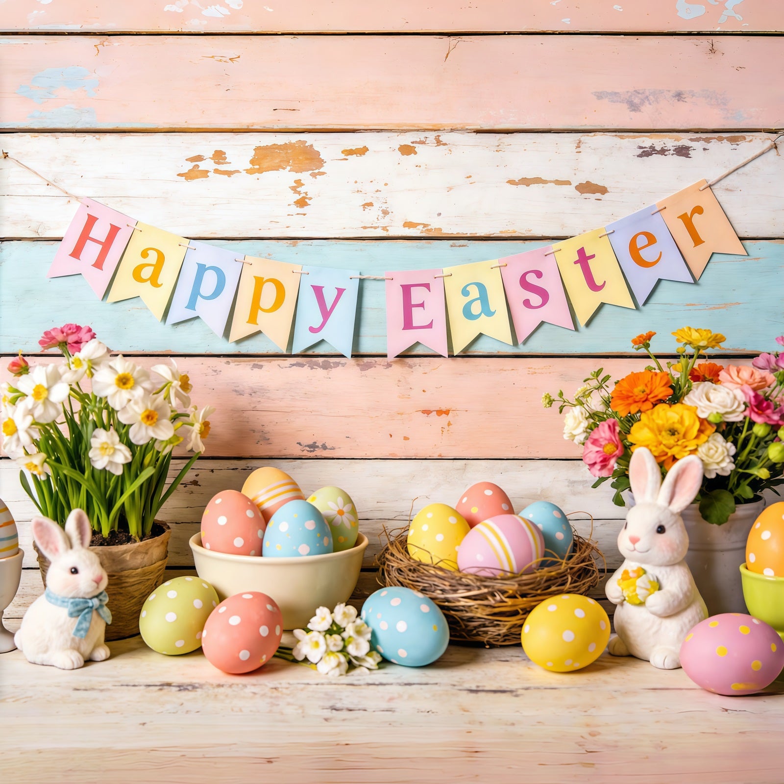 Happy Easter Backdrop Bunnies Eggs Flowers Banner Easter Themed Backdrop CSH61-81
