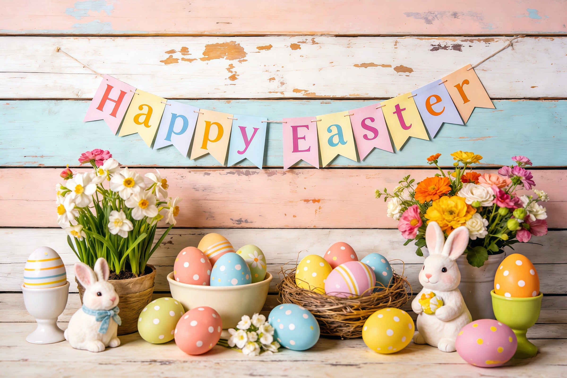 Happy Easter Backdrop Bunnies Eggs Flowers Banner Easter Themed Backdrop CSH61-81