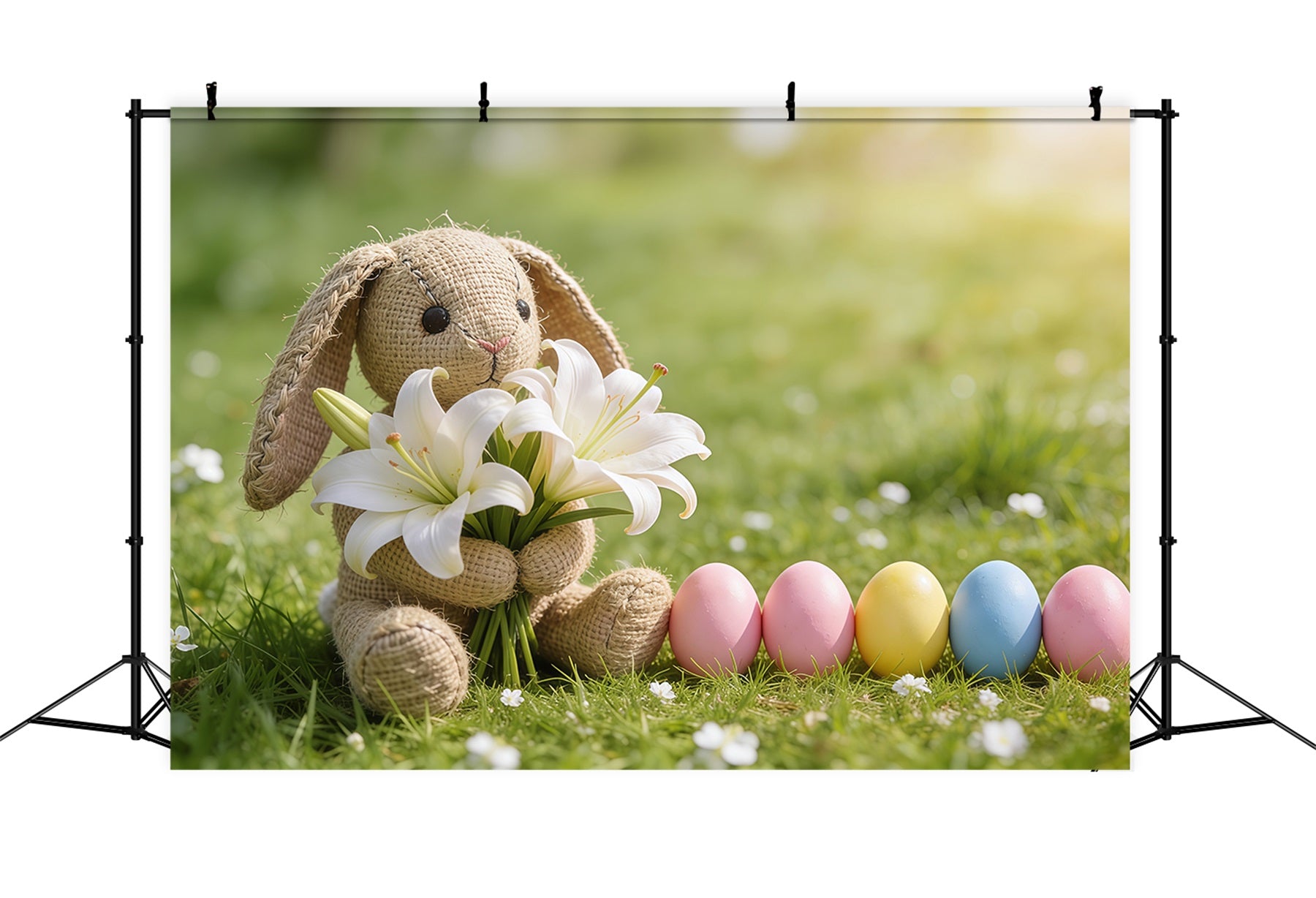Easter Grass Backdrop Bunny Lilies Pastel Eggs Grass Happy Easter Photo Backdrop CSH61-83