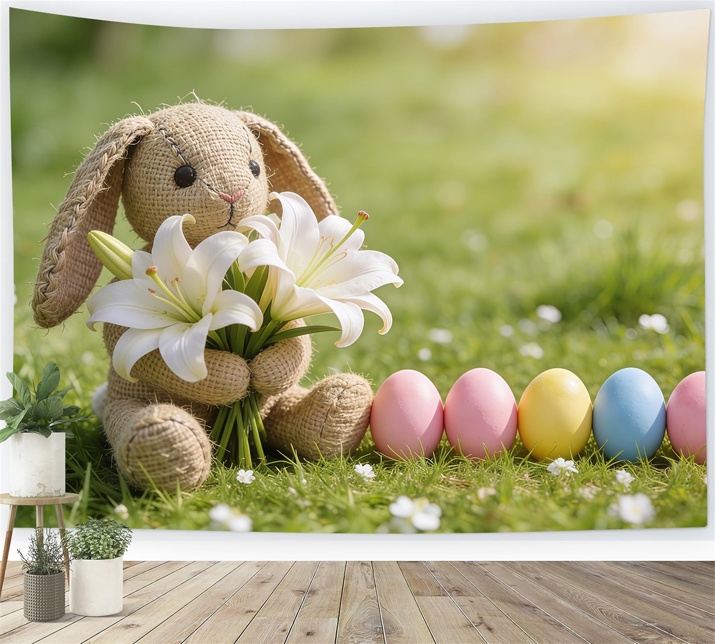 Easter Grass Backdrop Bunny Lilies Pastel Eggs Grass Happy Easter Photo Backdrop CSH61-83