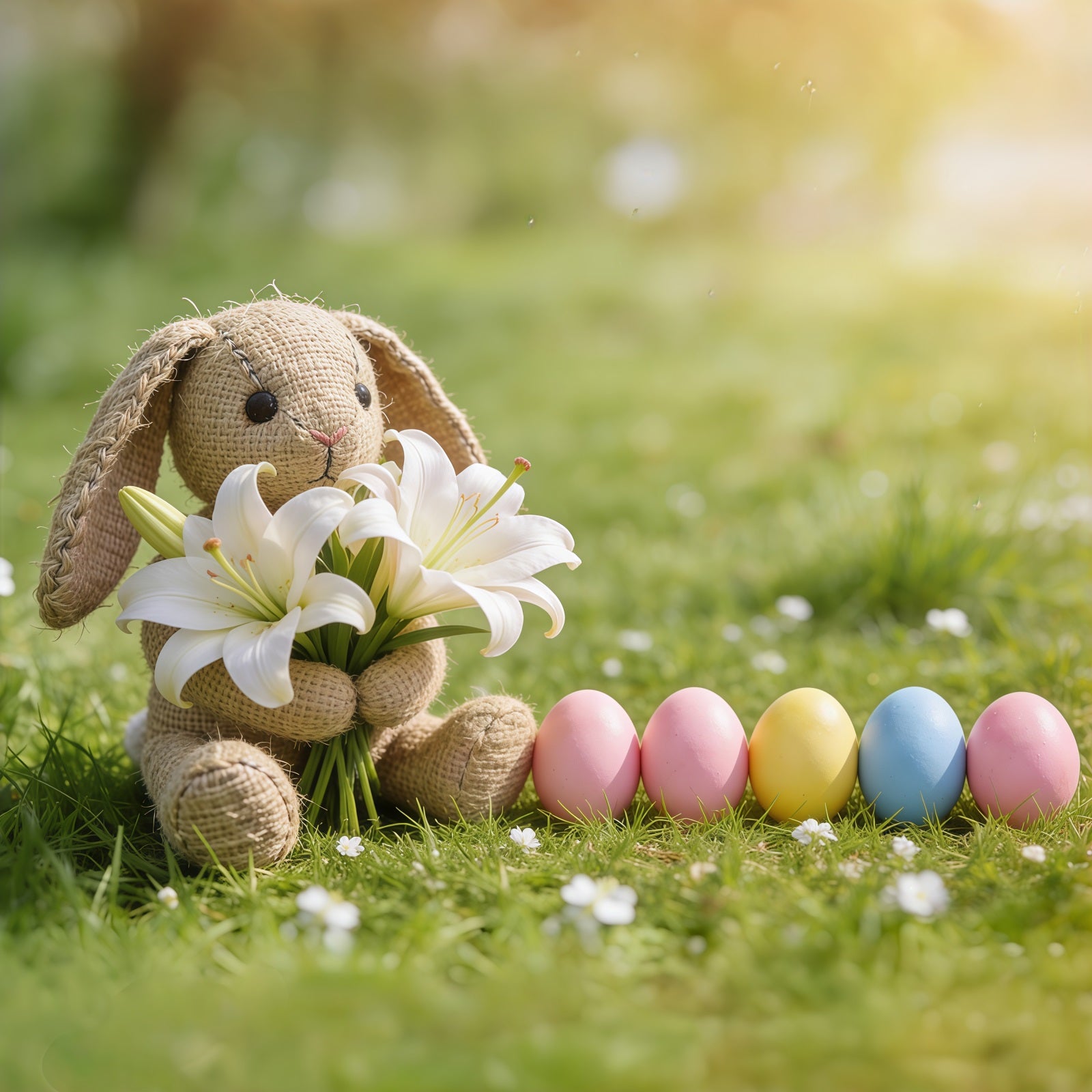 Easter Grass Backdrop Bunny Lilies Pastel Eggs Grass Happy Easter Photo Backdrop CSH61-83