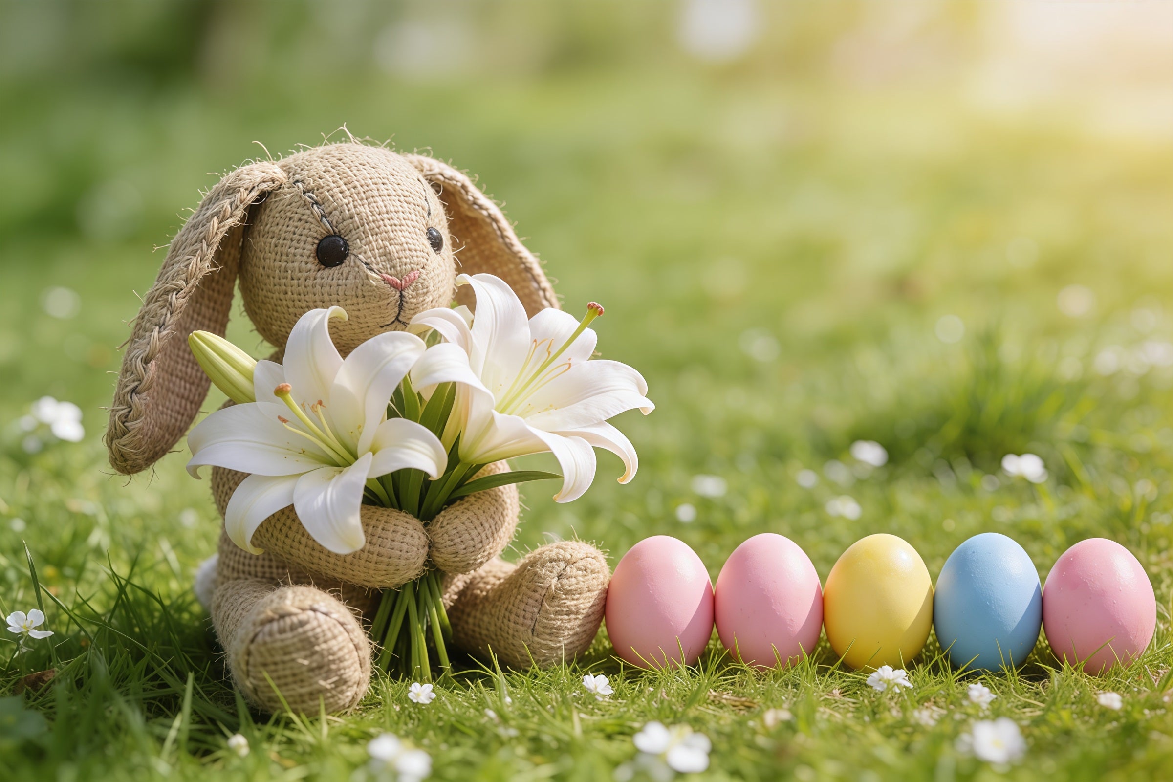 Easter Grass Backdrop Bunny Lilies Pastel Eggs Grass Happy Easter Photo Backdrop CSH61-83