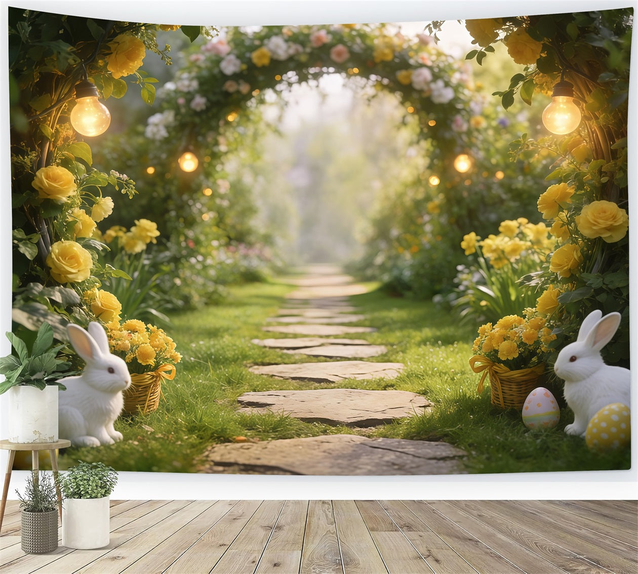 Easter Grass Backdrop Garden Arch Bunnies Eggs Lights Happy Easter Photo Backdrop CSH61-84