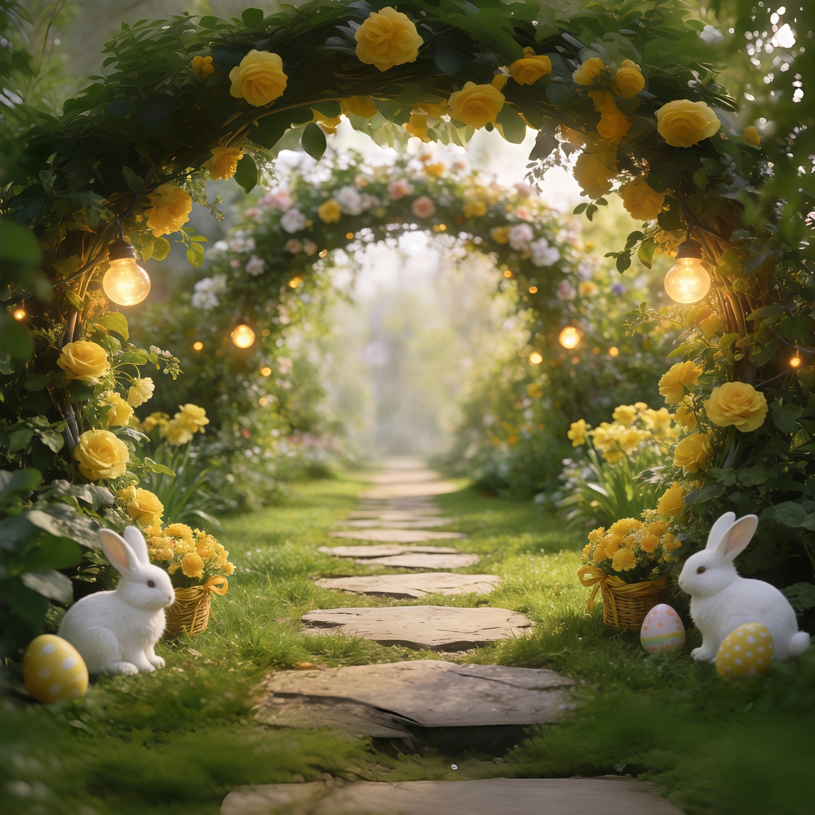 Easter Grass Backdrop Garden Arch Bunnies Eggs Lights Happy Easter Photo Backdrop CSH61-84