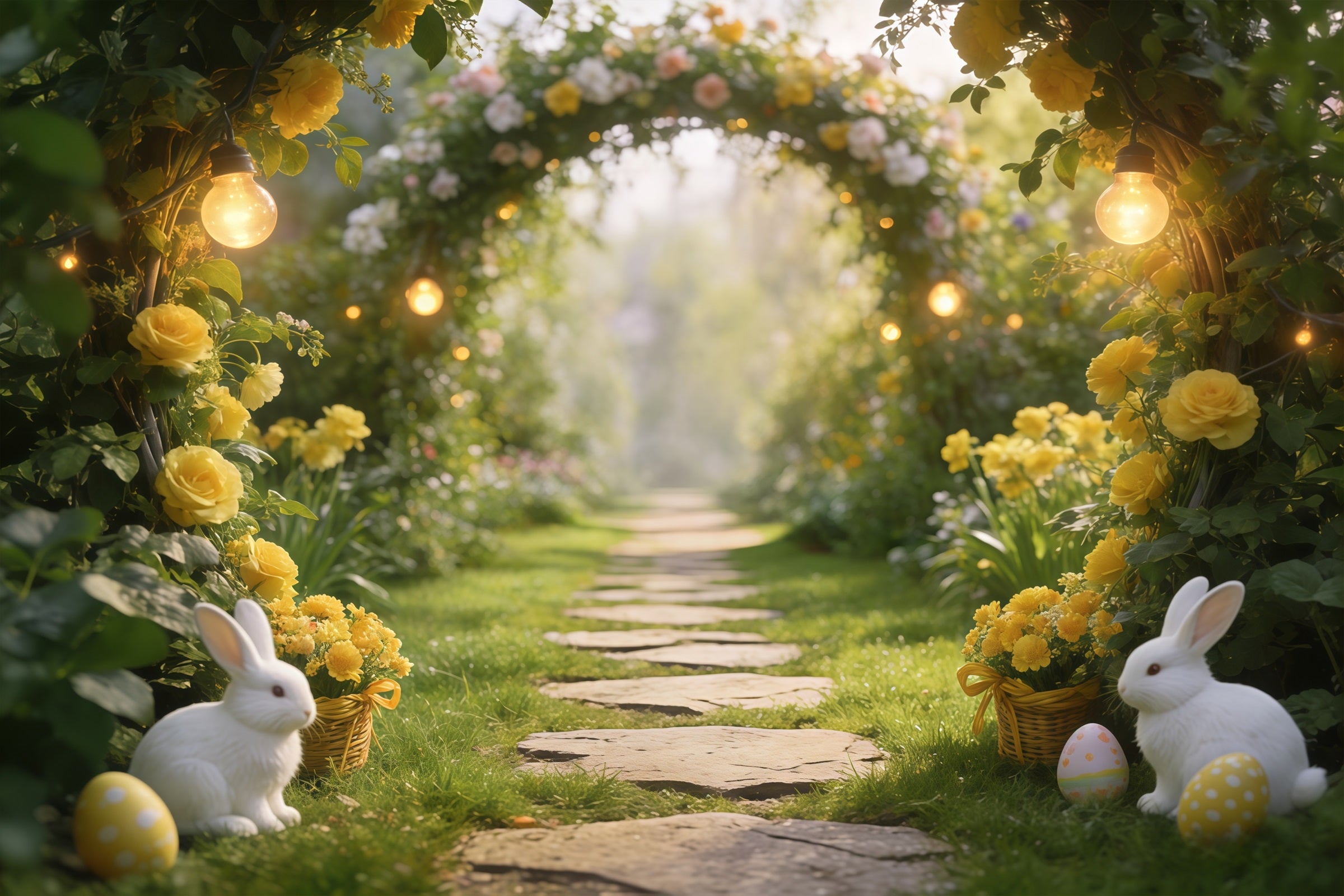 Easter Grass Backdrop Garden Arch Bunnies Eggs Lights Happy Easter Photo Backdrop CSH61-84
