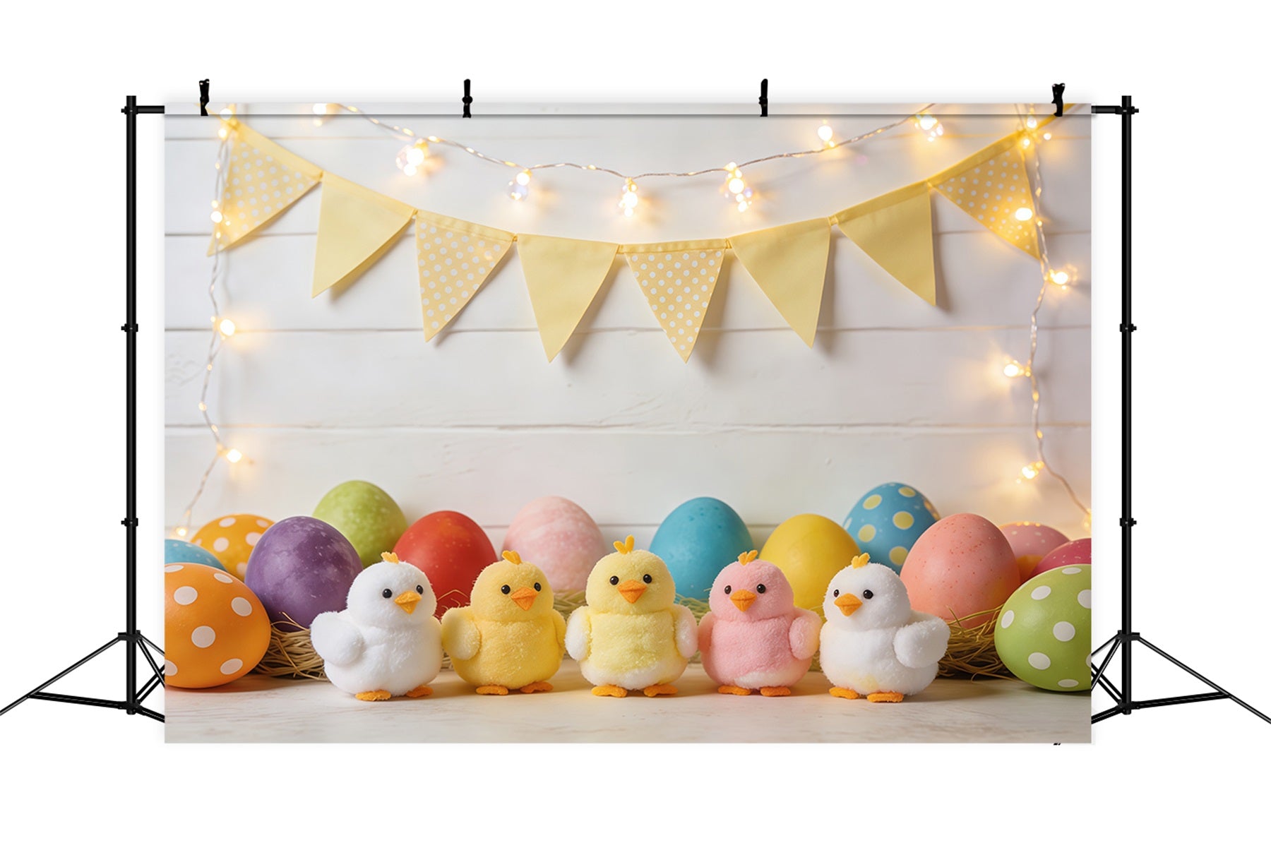 Easter Marshmallow Chick Backdrop Colorful Eggs Bunting Flags Photography Backdrop Easter CSH61-85