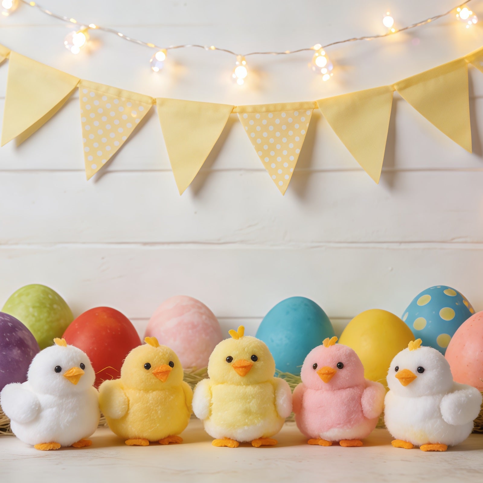 Easter Marshmallow Chick Backdrop Colorful Eggs Bunting Flags Photography Backdrop Easter CSH61-85