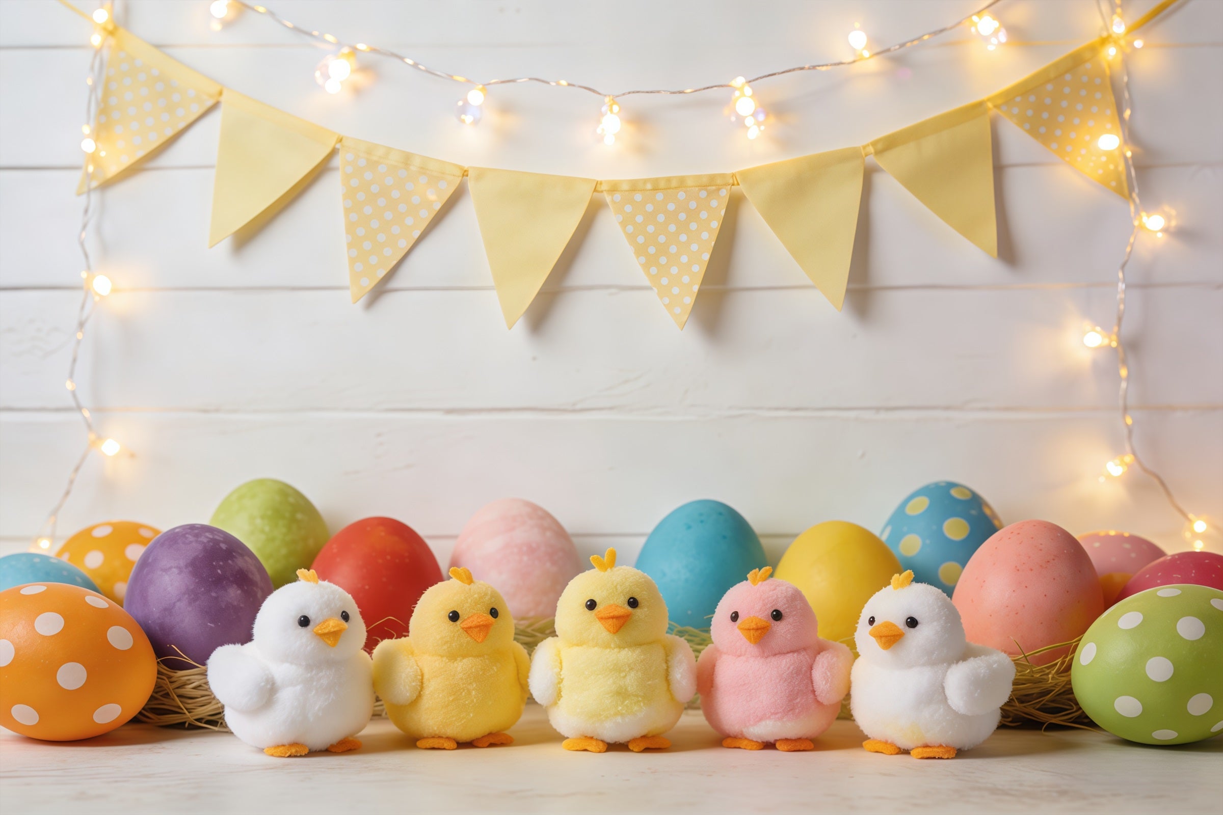 Easter Marshmallow Chick Backdrop Colorful Eggs Bunting Flags Photography Backdrop Easter CSH61-85