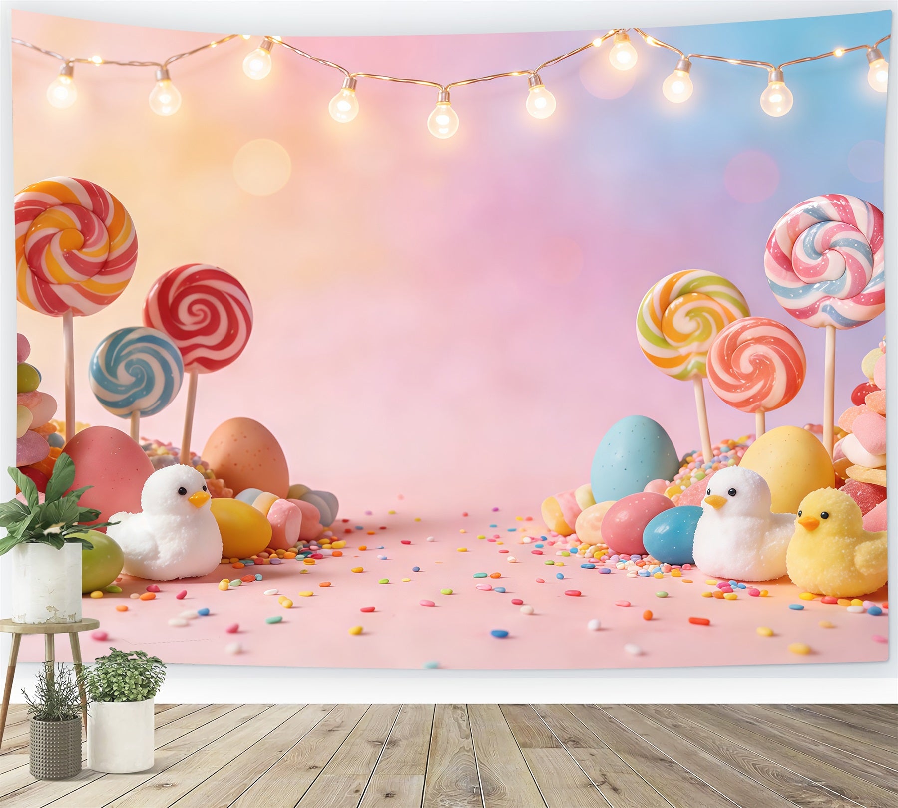 Easter Marshmallow Chick Backdrop Pastel Candy Lollipops Eggs Photography Backdrop Easter CSH61-86