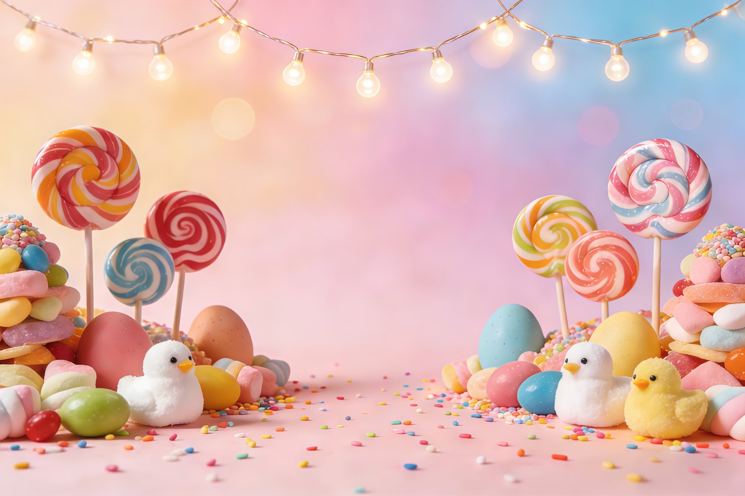 Easter Marshmallow Chick Backdrop Pastel Candy Lollipops Eggs Photography Backdrop Easter CSH61-86