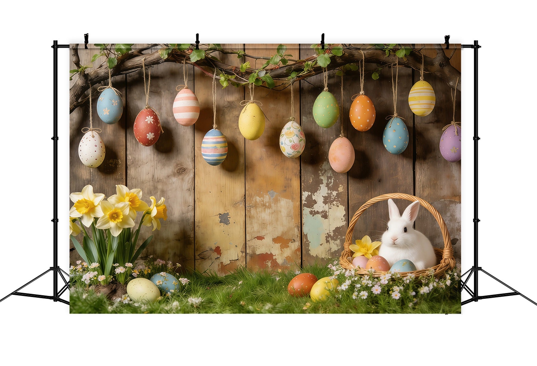 Easter Rustic Backdrop Hanging Eggs Bunny Basket Daffodils Photo Backdrops For Easter CSH61-87