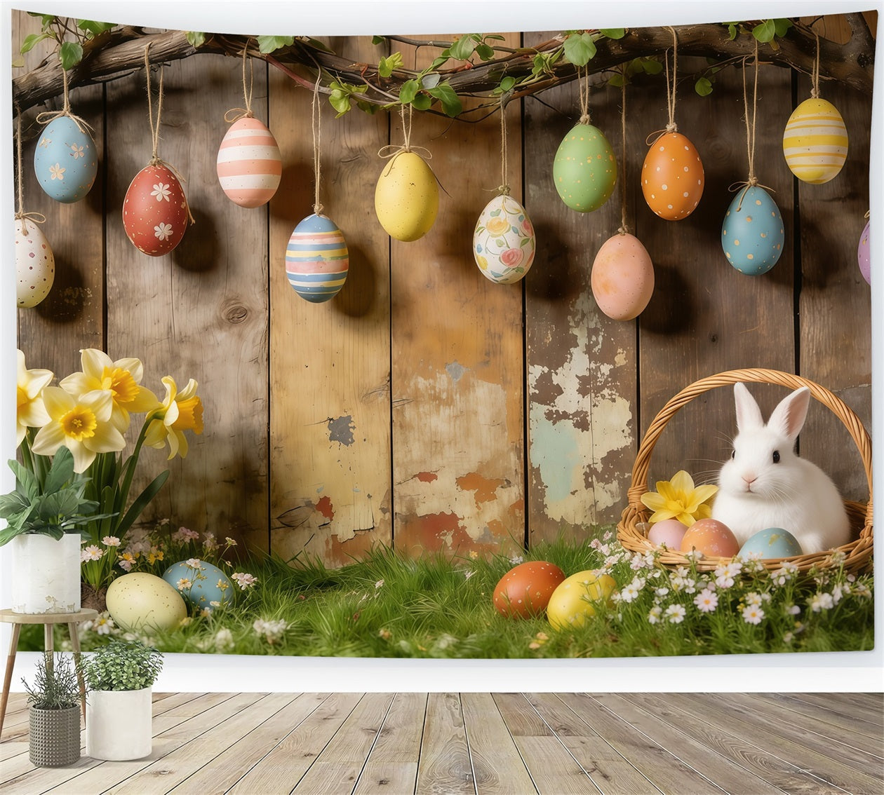 Easter Rustic Backdrop Hanging Eggs Bunny Basket Daffodils Photo Backdrops For Easter CSH61-87