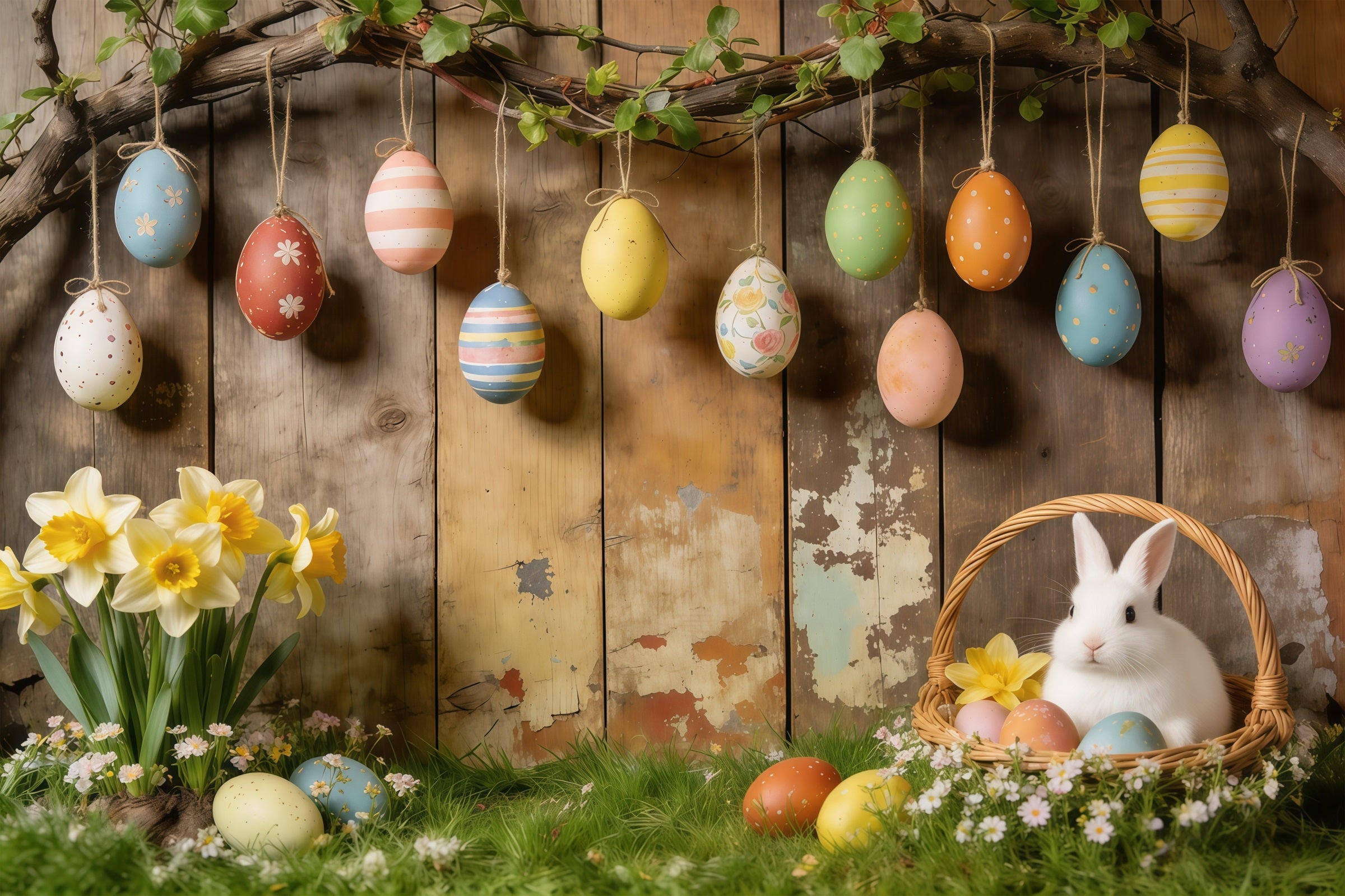 Easter Rustic Backdrop Hanging Eggs Bunny Basket Daffodils Photo Backdrops For Easter CSH61-87