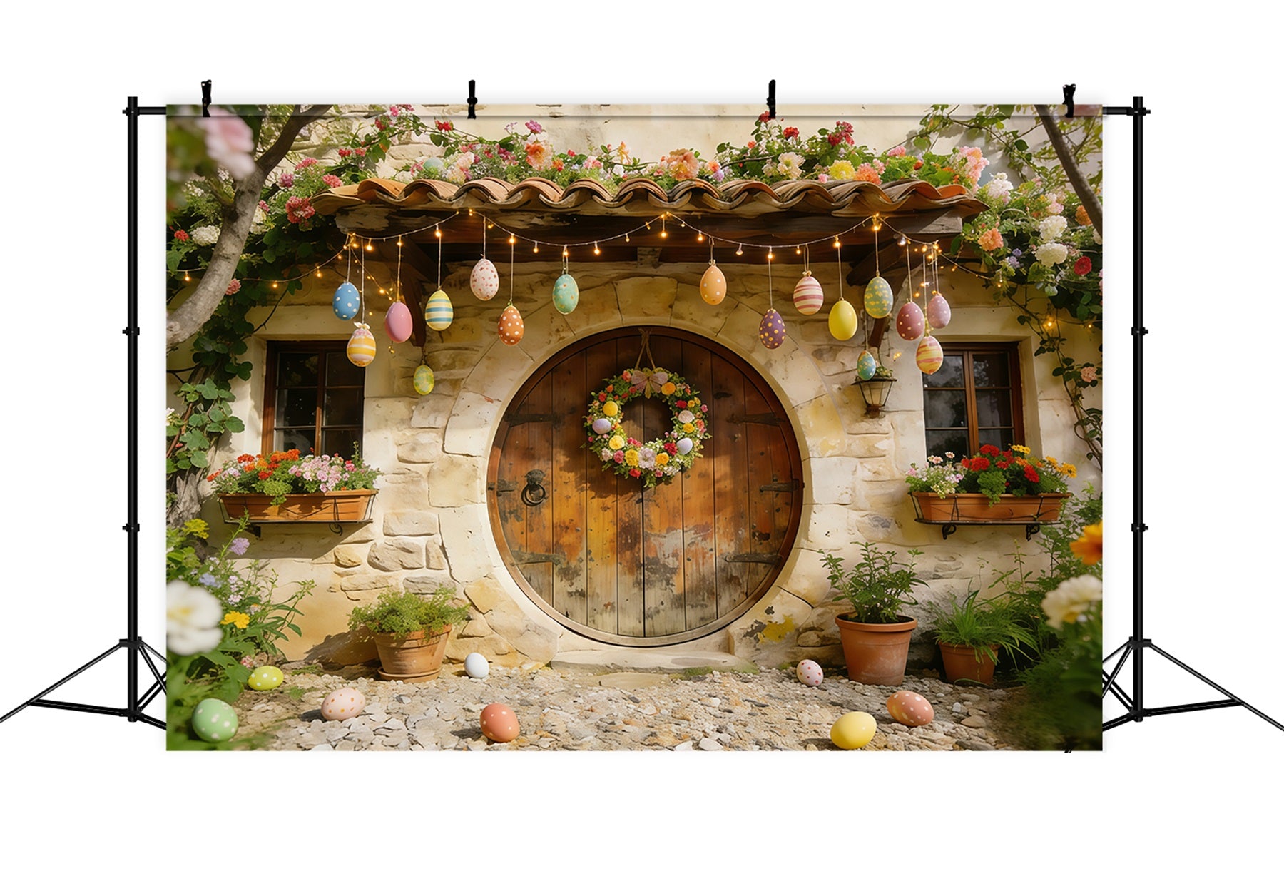 Easter Cottage Garden Backdrop Stone House Eggs Wreath Flowers Simple Easter Backdrop CSH61-88